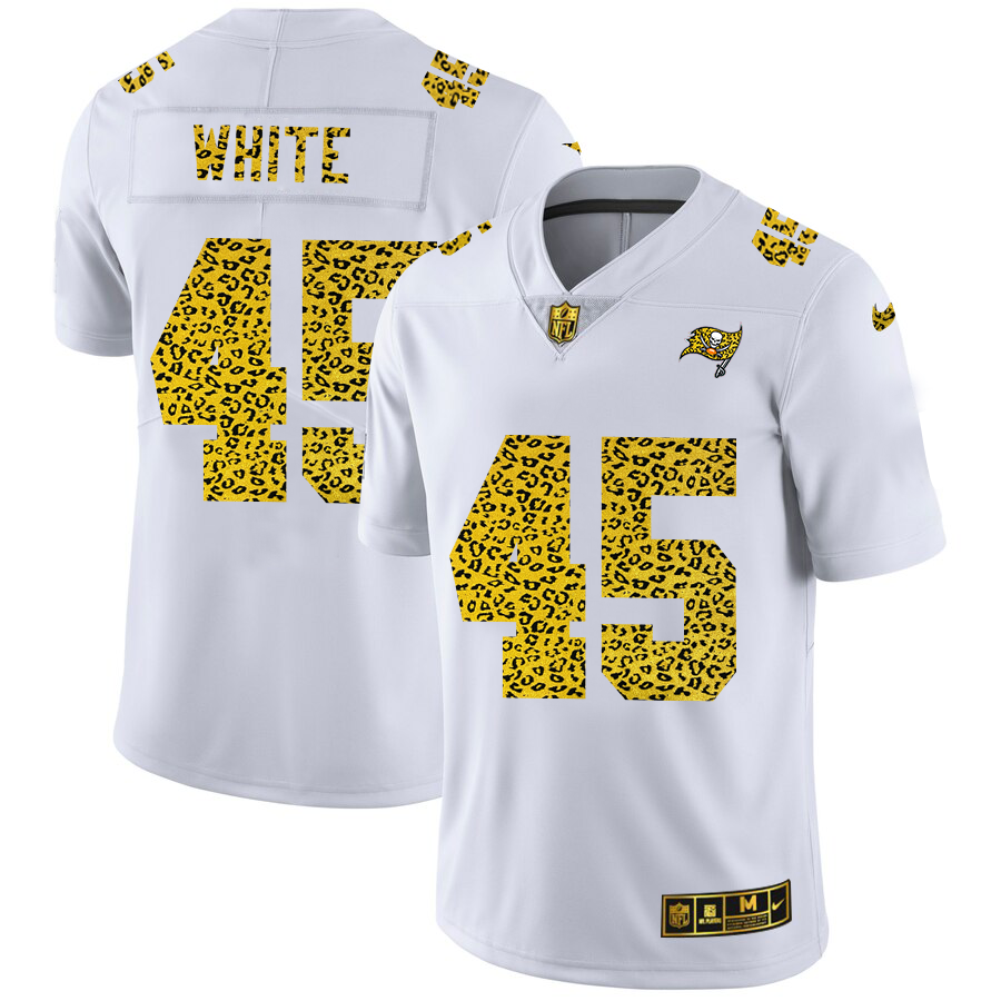 Custom Tampa Bay Buccaneers 45 Devin White Men Nike Flocked Leopard Print Vapor Limited NFL Jersey White